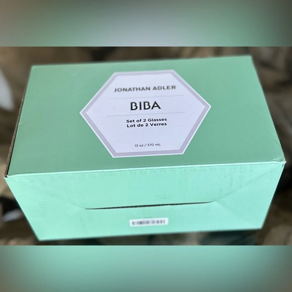 Jonathan Adler BIBA Ribbed Glassware Set of 2 NWT 13oz Aquamarine Glasses $98